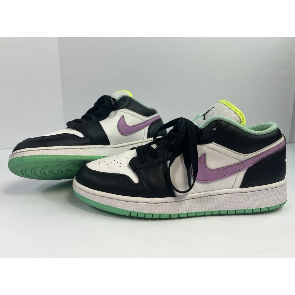 Jordan 1 Low Green Glow Violet Shock Gym Sneakers Youth GS 6Y - Women's Size 7.5